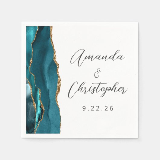 Serviette En Papier Mariage de script Agate Turquoise Blue Gold (Devant)
