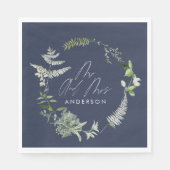 Serviette En Papier Mariage de script botanique moderne bleu marine (Devant)