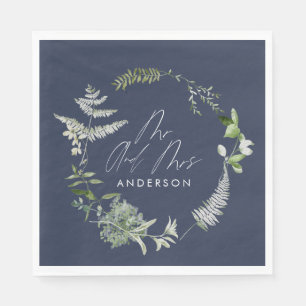 Serviette En Papier Mariage de script botanique moderne bleu marine