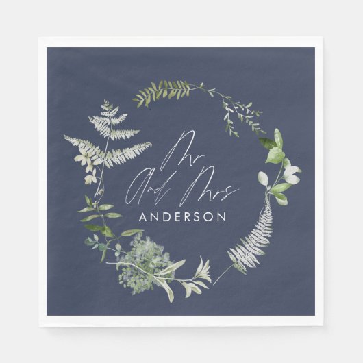 Serviette En Papier Mariage de script botanique moderne bleu marine (Devant)