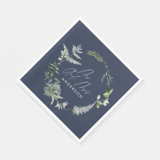 Serviette En Papier Mariage de script botanique moderne bleu marine (Coin)