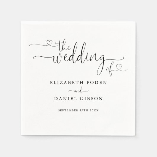 Serviette En Papier Mariage De Script Coeur Noir Et Blanc (Devant)