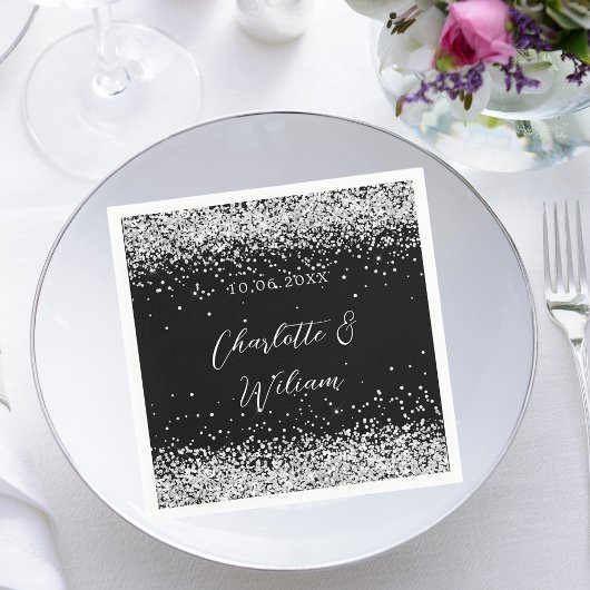 Serviette En Papier Mariage de script de confetti en argent noir