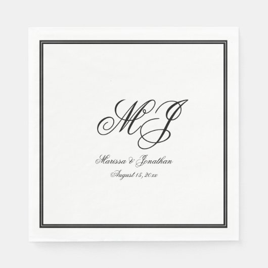Serviette En Papier Mariage de script de monogramme noir blanc élégant (Devant)