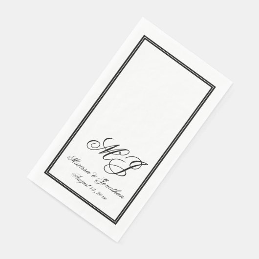 Serviette En Papier Mariage de script de monogramme noir blanc élégant (Coin)