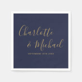 Serviette En Papier Mariage de script de signature bleu et or Marine (Devant)