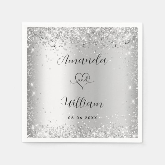 Serviette En Papier Mariage de script élégant en argent (Devant)