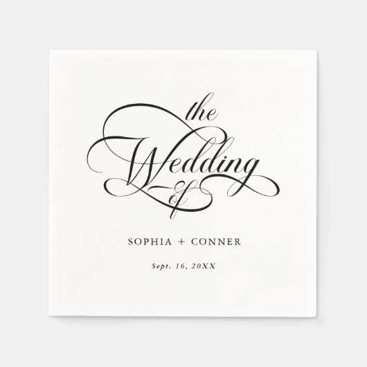 Serviette En Papier Mariage de script élégant et élégant noir et blanc (Devant)