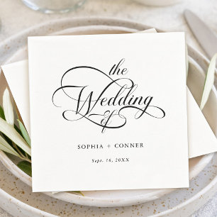 Serviette En Papier Mariage de script élégant et élégant noir et blanc