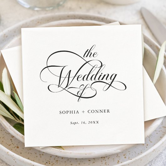 Serviette En Papier Mariage de script élégant et élégant noir et blanc