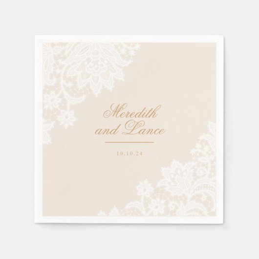 Serviette En Papier Mariage de script en ivoire de dentelle et or (Devant)