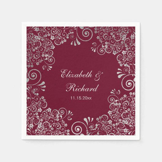 Serviette En Papier Mariage de script gris argenté Bourgogne personnal (Devant)
