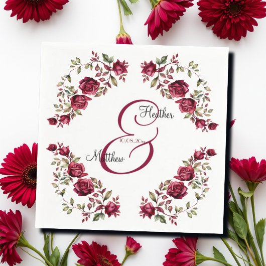 Serviette En Papier Mariage de script moderne floral de Bourgogne