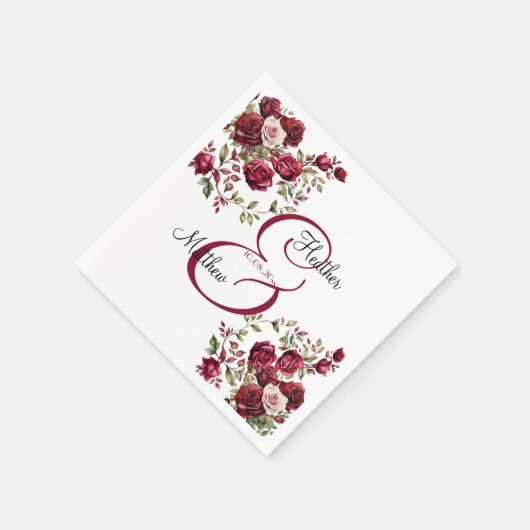 Serviette En Papier Mariage de script moderne floral de Bourgogne (Coin)