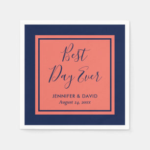 Serviette En Papier Mariage de script moderne marine bleu et corail