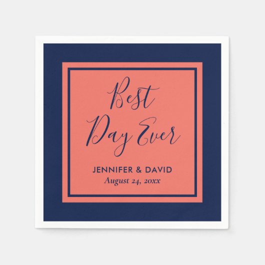 Serviette En Papier Mariage de script moderne marine bleu et corail (Devant)