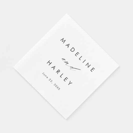 Serviette En Papier Mariage de script noir et blanc moderne (Coin)