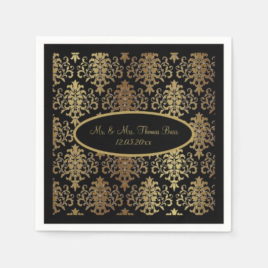 Serviette En Papier Mariage de script noir Gold Damask (Devant)