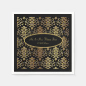 Serviette En Papier Mariage de script noir Gold Damask (Devant)