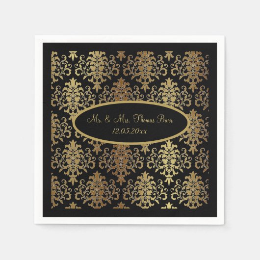 Serviette En Papier Mariage de script noir Gold Damask (Devant)