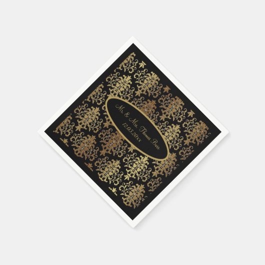 Serviette En Papier Mariage de script noir Gold Damask (Coin)
