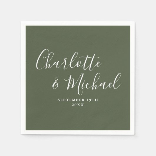 Serviette En Papier Mariage de script Olive Green Elegant (Devant)