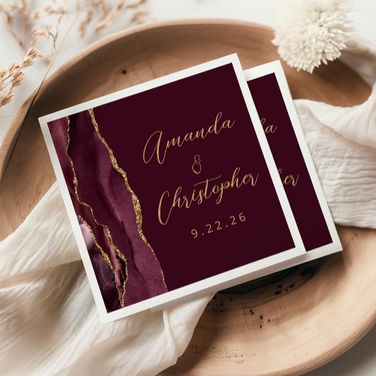Serviette En Papier Mariage de script or Agate Burgundy