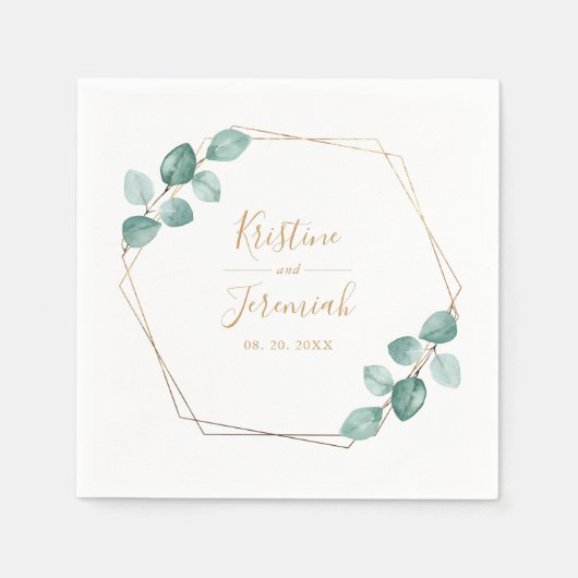 Serviette En Papier Mariage de script or Eucalyptus moderne (Devant)