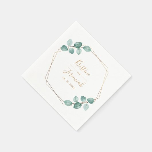 Serviette En Papier Mariage de script or Eucalyptus moderne (Coin)