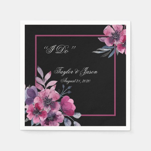 Serviette En Papier Mariage de script romantique noir et rose (Devant)