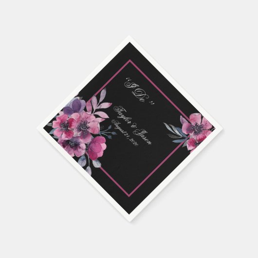 Serviette En Papier Mariage de script romantique noir et rose (Coin)