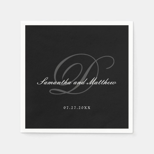 Serviette En Papier Mariage de script traditionnel noir élégant Monogr (Devant)