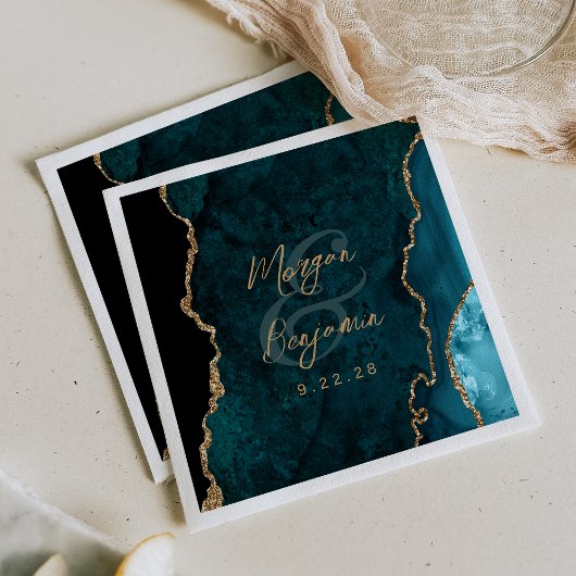 Serviette En Papier Mariage de script turquoise Blue Agate Gold