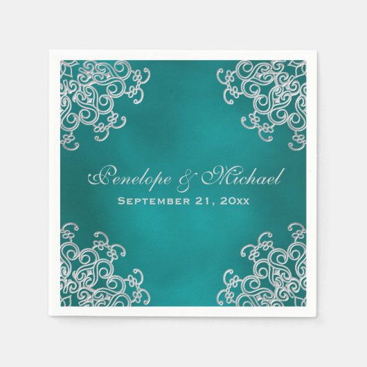 Serviette En Papier Mariage de style indien turquoise et argenté (Devant)