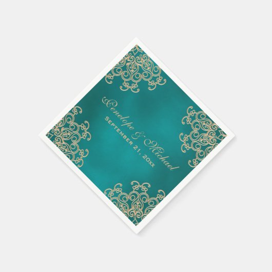 Serviette En Papier Mariage de style indien turquoise et or (Coin)