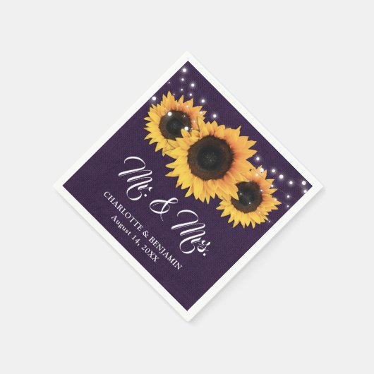 Serviette En Papier Mariage de tournesol Russe violet Burlap (Coin)