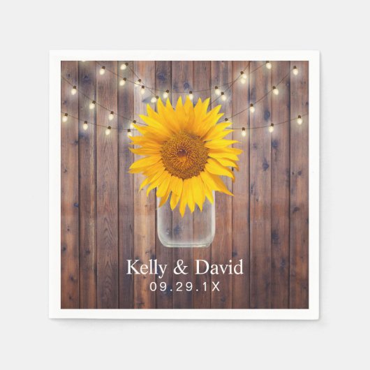 Serviette En Papier Mariage de tournesol Rustique Barne Bois Lumières  (Devant)