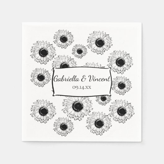 Serviette En Papier Mariage de tournesols éparpillés noir et blanc (Devant)