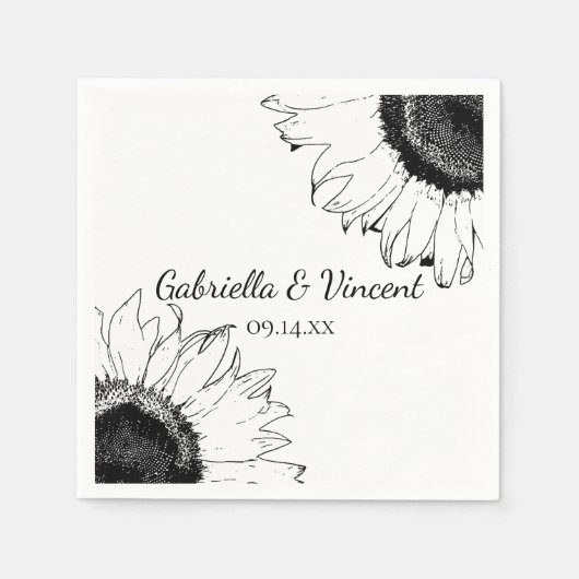 Serviette En Papier Mariage de tournesols noir et blanc (Devant)