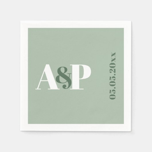 Serviette En Papier Mariage de typographie Monogramme Vert Sage Simple (Devant)