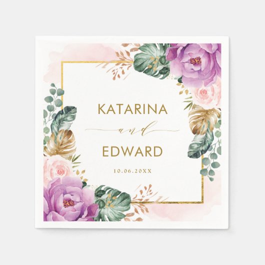 Serviette En Papier Mariage de végétation tropicale violette (Devant)