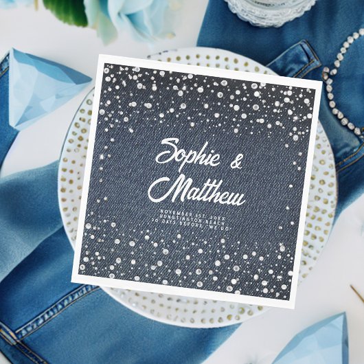 Serviette En Papier Mariage Denim Diamants Perles Bleu Couple