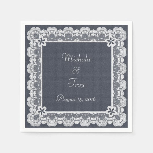 Serviette En Papier Mariage Dentelle Cadre bleu Denim (Devant)