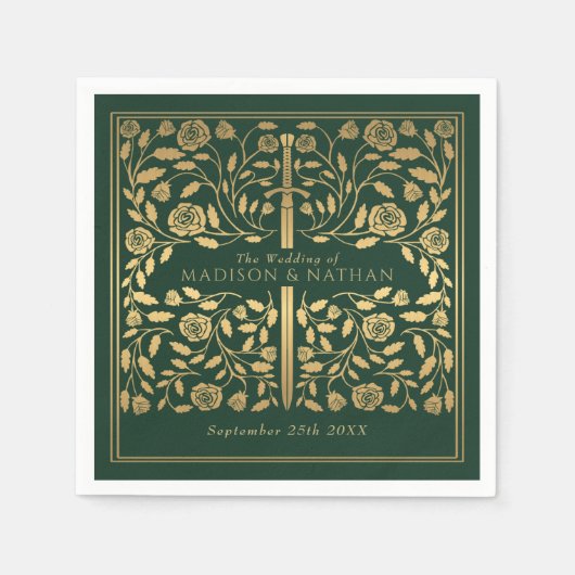 Serviette En Papier Mariage d'épée d'or médiévale verte (Devant)