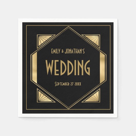 Serviette En Papier Mariage des années 1920 Art Déco Frame Gold Black (Devant)