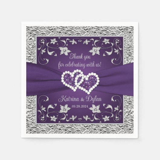 Serviette En Papier Mariage des Coeurs d'Amour Violet Gris (Devant)