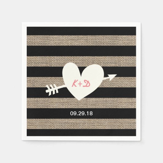 Serviette En Papier Mariage des rayures de Burlap du coeur et de la fl (Devant)