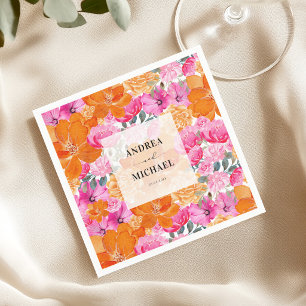 Serviette En Papier Mariage d'été floral rose et orange clair délavé