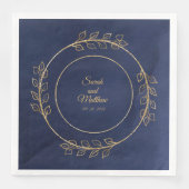 Serviette En Papier Mariage d'Eucalyptus bleu marine et or (Devant)