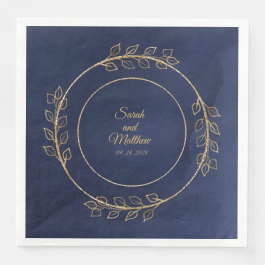 Serviette En Papier Mariage d'Eucalyptus bleu marine et or (Devant)
